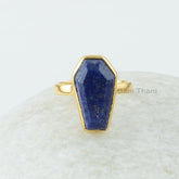 Coffin Ring, Lapis Lazuli 10x17 mm Coffin Shape Gemstone Silver Ring, 18k Gold Plated Ring, Bezel Set Ring, Coffin Gemstone Ring For Women